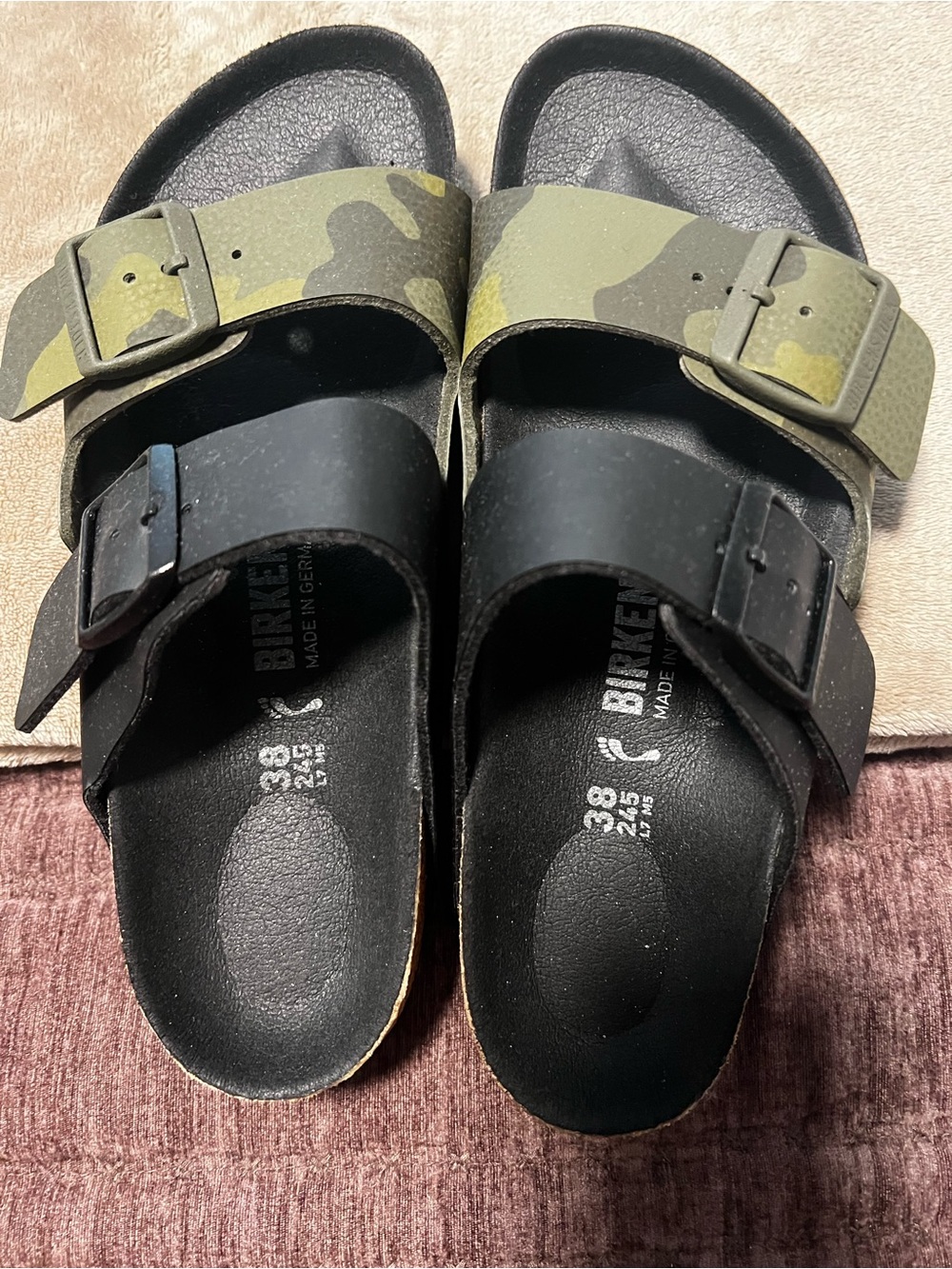 Birkenstock Two-Strap Sandals in Black & Olive Camo